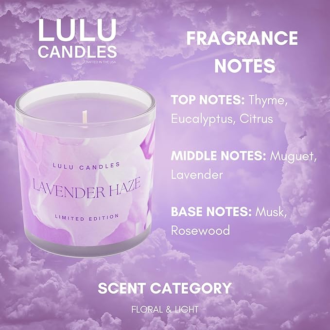 Lulu Candles | in The Clouds Collection | Lavender Haze | Spring Candle | Hand Poured in The USA | Highly Scented & Long Lasting (9 Oz. Gift Box)