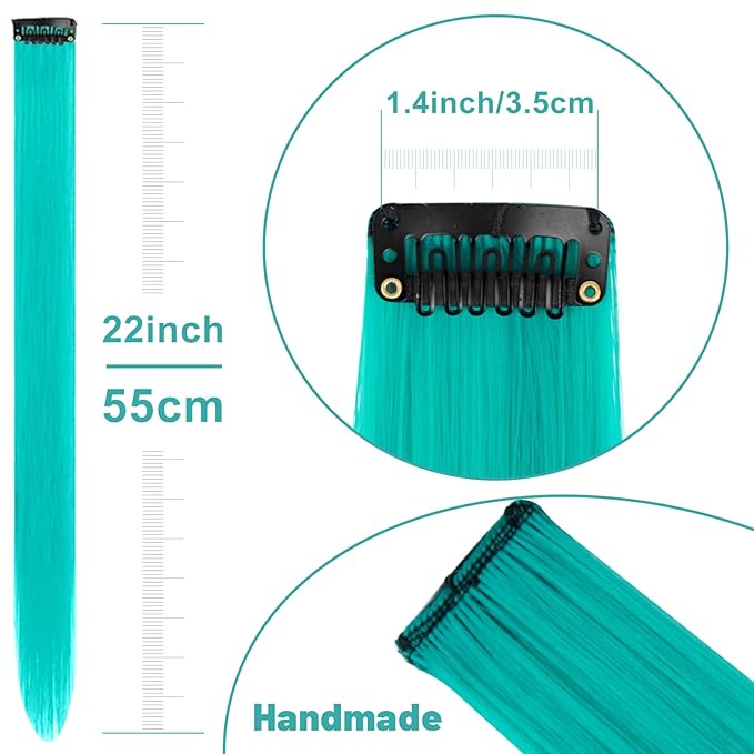 22 inch Colored Hair Extensions Straight Hairpiece, Multi-colors Party Highlights Clip in Synthetic Hair Extensions for Women Kids Girls(10 PCS Teal Blue)