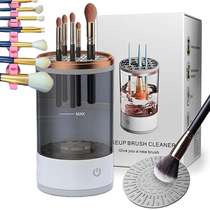 Makeup Brush Cleaner Machine, Portable Electric Makeup Brush Cleaner, Efficient Deep Cleaning Makeup Brushes, Automatic Spinning Make Up Brush Cleaner Fit for All Size Cosmetic Brush (Grey)