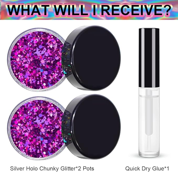 Purplish Red Holographic Chunky Glitter Cosmetic Body Hair Face Eye Nail for Festival Carnival Concert Party Beauty Rave Accessories Different Sizes&Shapes 2 Pots 14g/0.5oz+ Quick Dry Primer Glue Gel