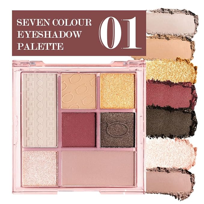 Seven Color Matte Shimmer Eyeshadow, 7 Red Nude Brown Golden Champagne Pressed Powder Eyeshadow, Daily Silky Makeup Eyeshadow Palette, Easy to Carry, Vegan & Cruelty-Free, 01# 0.32 Oz