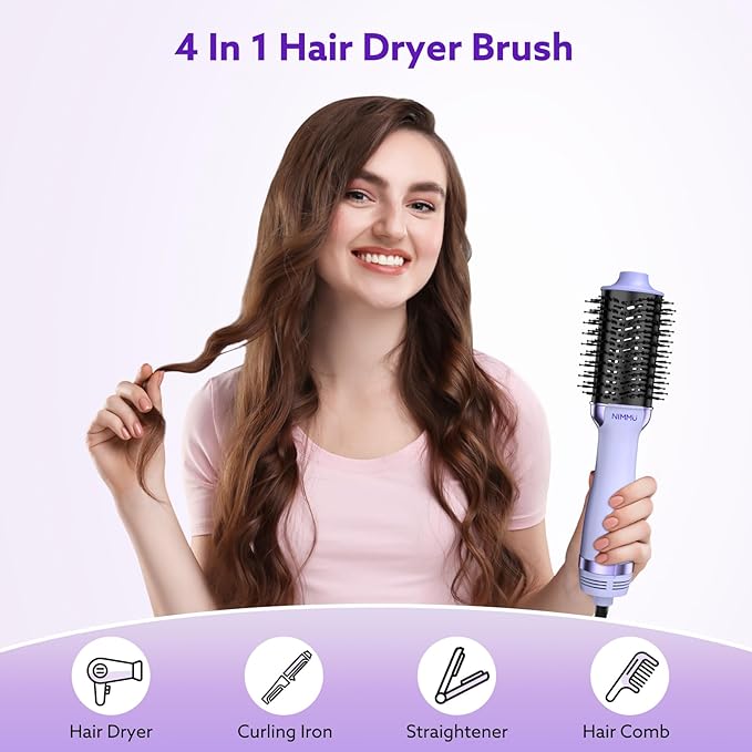 Nimmu Hair Dryer Brush Blow Dryer Brush in One, 4 in 1 Hair Dryer and Styler Volumizer for Drying Straightening Curling Volumizing Hair, Upgraded Hot Air with 2.4” Oval Barrel, Purple