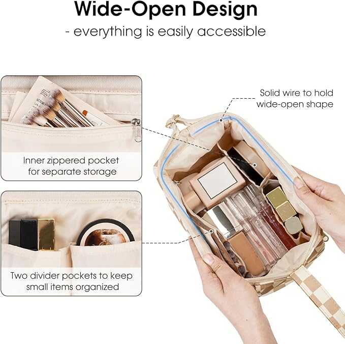 Narwey Large Checkered Makeup Bag Women Wide-open Make up Bag Travel Cosmetic Bag Organizer Toiletry Bag for Cosmetics Toiletries Accessories (Light Checkerboard)