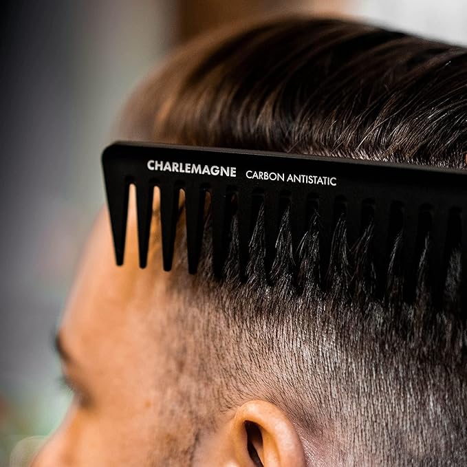 Charlemagne Carbon Hair Comb for Men - 19 cm, Coarse Teeth - Antistatic, Shatterproof Carbon Wide Tooth Comb for Curls & Texture Detangling - Developed by Barbers, Designed in Germany
