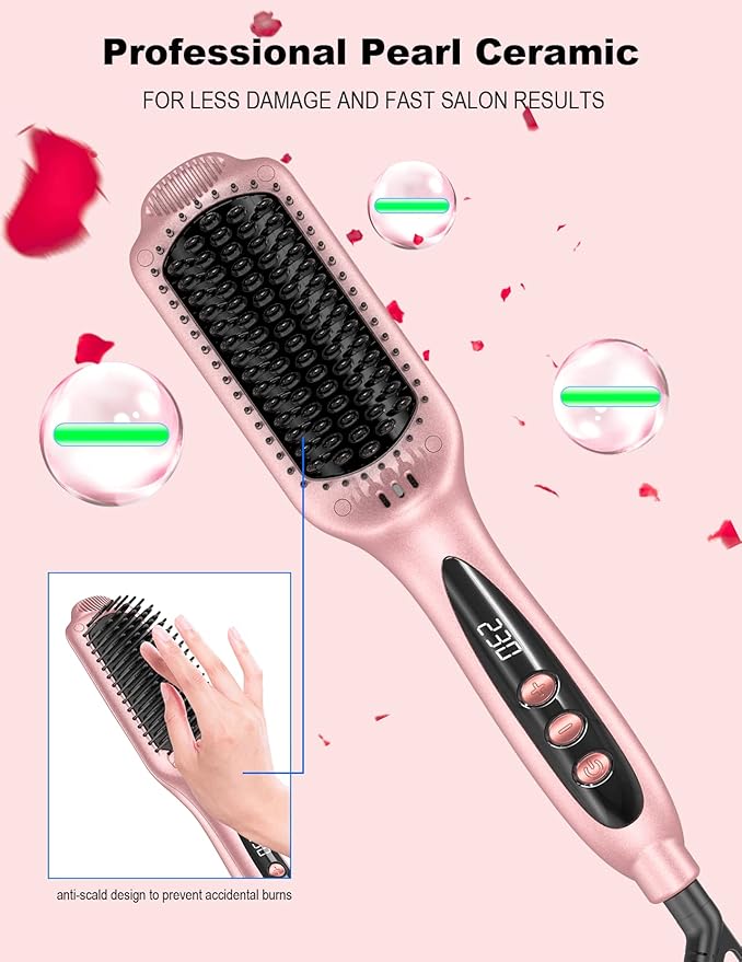 LANDOT Inoic Hair Straightener Brush for Smooth, Frizz-Free Results - Electric Heated Ceramic Straightening Brush Dual Voltage - Fast Heating Adjust Temp 250-450F for All Hair Types