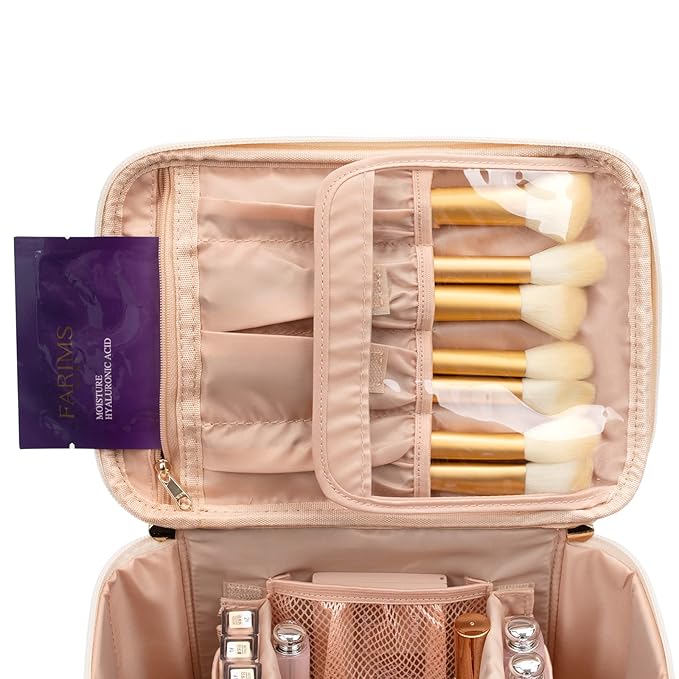 OCHEAL Makeup Bag, Portable Cosmetic Bag, Large Capacity Travel Case Organizer, Makeup Bags For Women Toiletry Bag for Girls Traveling With Handle and Divider- Beige Large