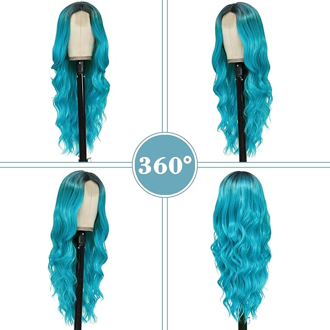 NAYOO Long Ombre Bluish Green Wavy Wig for Women 26 Inch Middle Part Curly Wavy Wig Natural Looking Synthetic Heat Resistant Fiber for Daily Party Use (Ombre Bluish Green)