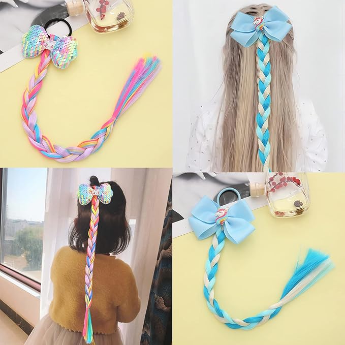 6Pcs Girls Colored Braids Hair Extensions with Rubber Bands, Rainbow Braided Hairpieces Hair Bows Wig Ponytails Kids Favor DIY Hairs Accessories for Girls Gift Birthday Party Cosplay Daily Dress Up