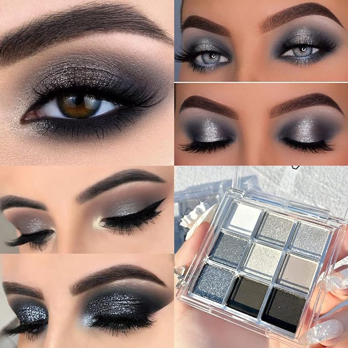 AMY'S DIARY Black Smokey Silver Glitter Shimmer Eye Eyeshadow Makeup Palette,9 Colors Cool Toned Matte Glitter Make Up Black Radiance Eyeshadow Palette Sombras De Ojos Profesional(A)