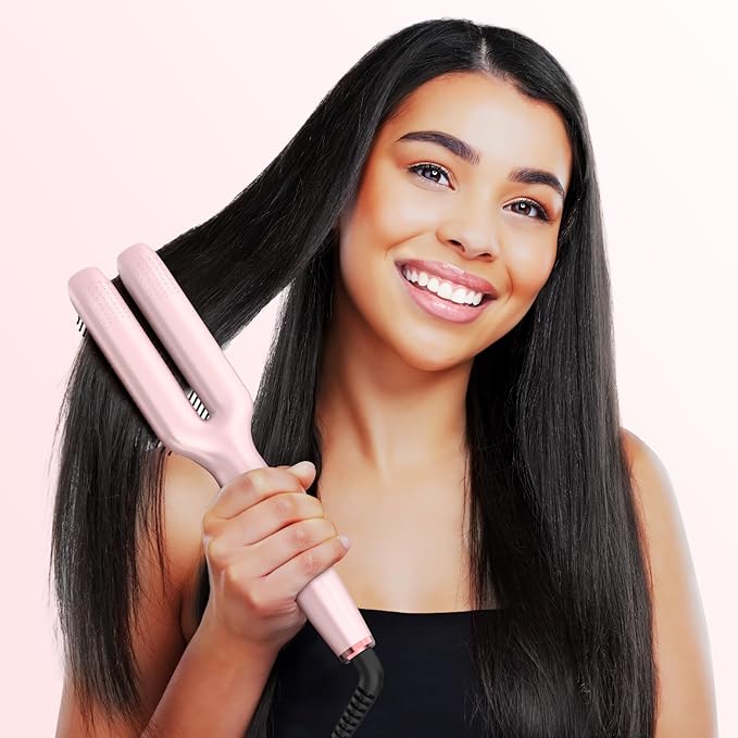 Nimmu Hair Straightener Brush, Hair Straightening Brush Flat Iron for Women with 5 Temps, Ceramic Straightener Comb Fast Heating for Home Salon, Double Heating Plate & Dual Voltage, Pink