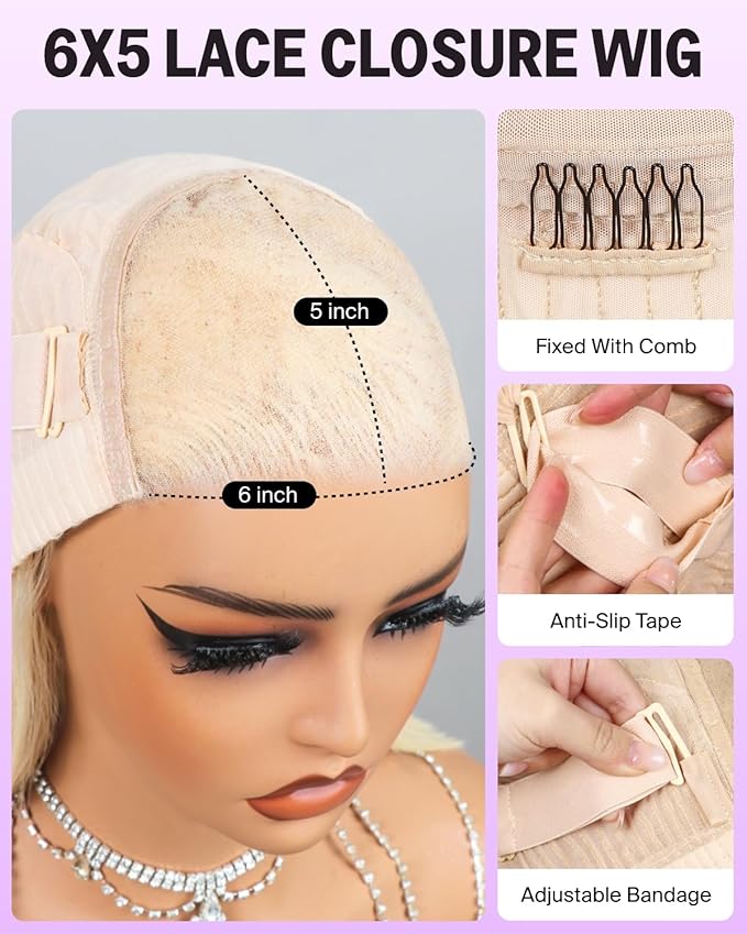 613 Bob Wig Human Hair Glueless Ready to Go Blonde Wig Human Hair Pre Plucked Pre Cut 6x5 HD 613 Lace Front Wig Human Hair 12Inch