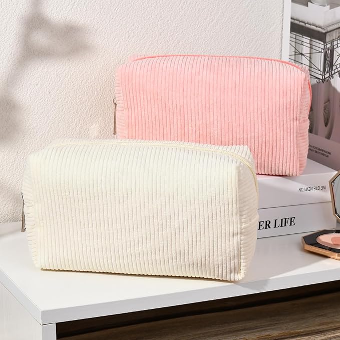 2 Pieces Makeup Bag Corduroy Cosmetic Bag White Pink Makeup Pouch Travel Toiletry Bag Organizer Cute Makeup Brushes Storage Bag for Women