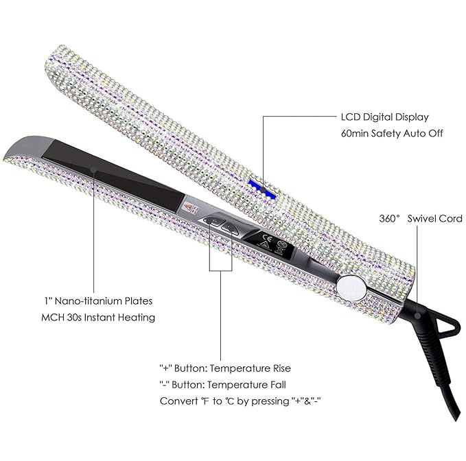 DORISILK Titanium Flat Iron for Hair, 480°F High Temp Hair Straightener Iron, Rhinestone Bling Flattening Iron, 2 in 1 Straightening Curling Professional Salon LCD Display Dual Voltage (AB Shine)