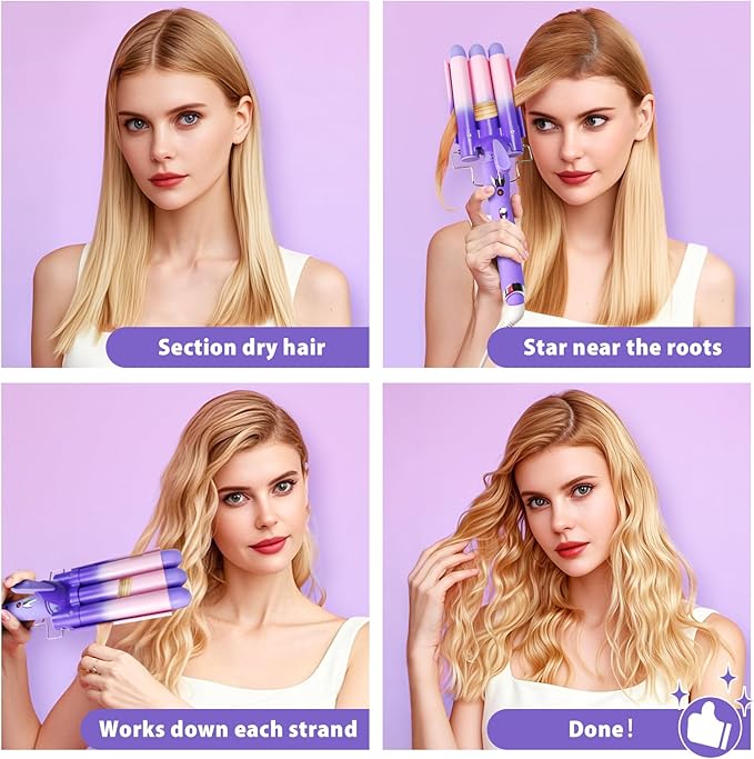 3 Barrel Curling Iron Hair Crimper: Aleath Dual Voltage Adjustable Temperature Three Barrels Hair Waver - Ceramic 1 inch Curler Wand(Purple)