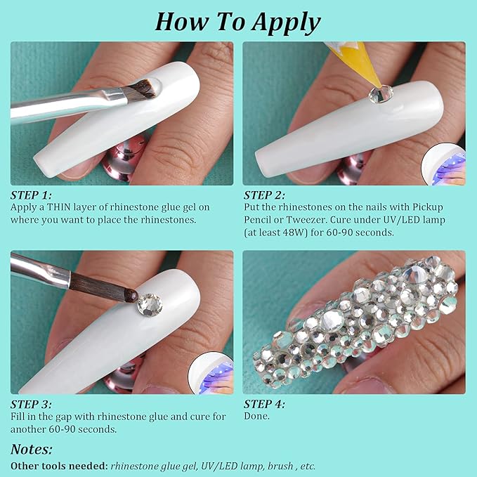 6 Sizes Transparent White Silver Glass Crystal Kit with Pickup Pen + Tweezer Tools for Shine Nail Art Manicure Makeup DIY Decoration Flatback Round Rhinestone Gem Jewelry Diamond