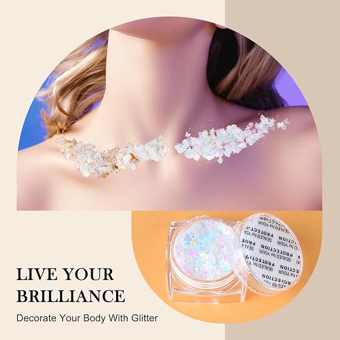 Glitter Body Face Hair Makeup Festival Gel, 6 Shapes Clear White Rave Glitter Face Pain Glitter Eyeshadow for Kids Women Girls Singer Concerts Festival Rave Accessories