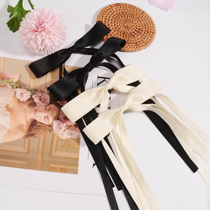 4 PCS Tassel Ribbon Bowknot Hair Clips With Long Tail for Women Girl Teens Kids, Solid Holder Fashion Bow Bowknot Hair Accessories Headwear Barrettes Claw(Black&Beige)