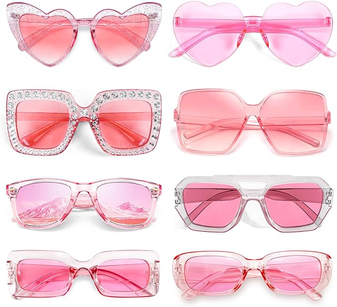 Pibupibu 8 Pack Pink Sunglasses for Women Collection Trendy Cute Costume Accessories Eyewear Set (Transparent/Solid/Mix)