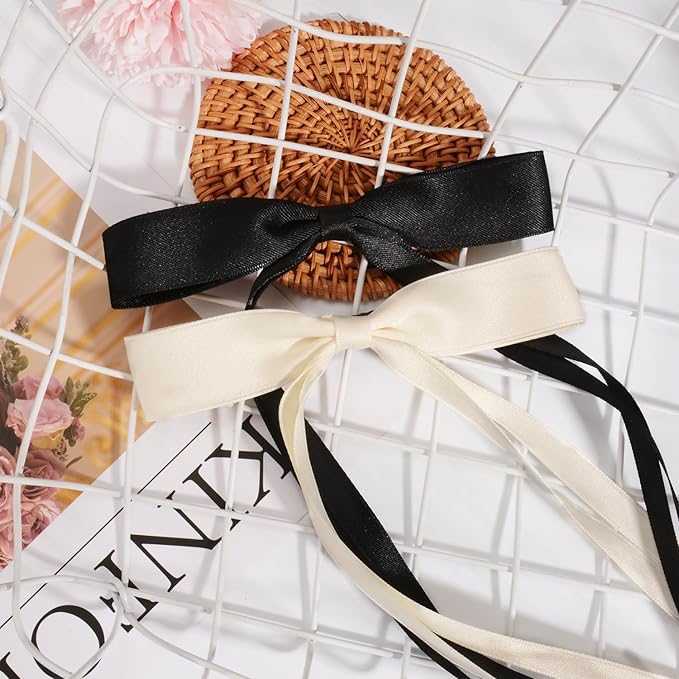 4 PCS Tassel Ribbon Bowknot Hair Clips With Long Tail for Women Girl Teens Kids, Solid Holder Fashion Bow Bowknot Hair Accessories Headwear Barrettes Claw(Black&Beige)