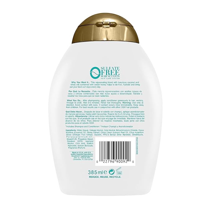 OGX Quenching + Coconut Curl-Defining Conditioner, Nourishing Curly Hair with Coconut/Citrus Oil & Honey, Paraben and Sulfate-Free Surfactants, 13oz (Pack of 2)