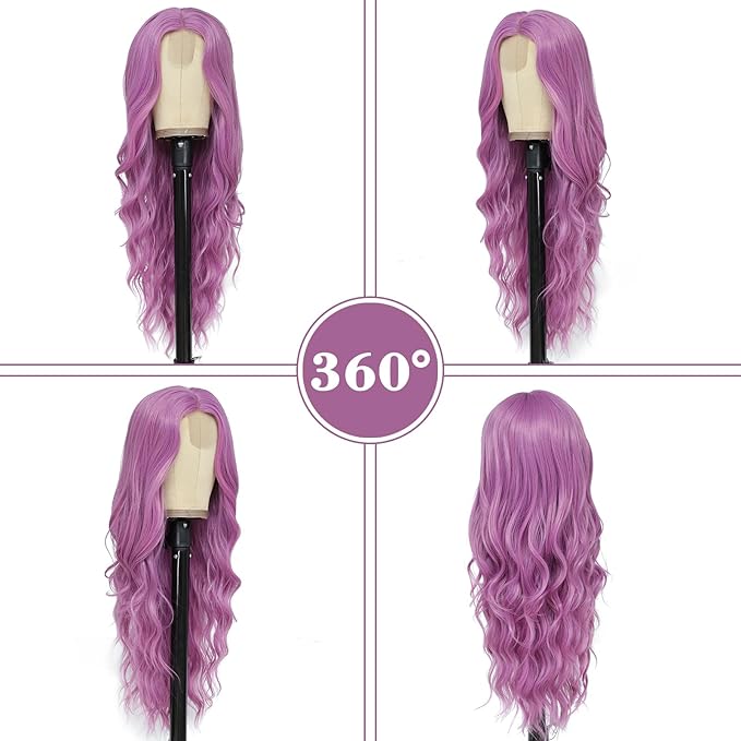 NAYOO Long Purple Wavy Wig for Women 26 Inch Middle Part Curly Wavy Wig Natural Looking Synthetic Heat Resistant Fiber for Daily Party (Purple)