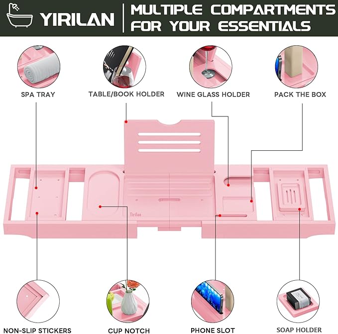 Yirilan Premium Bathtub Tray Caddy - Expandable Bath Tray - Unique House Warming Gifts, New Home, Anniversary & Wedding Gifts for Couple, Bridal Shower Gift for Women-Pink