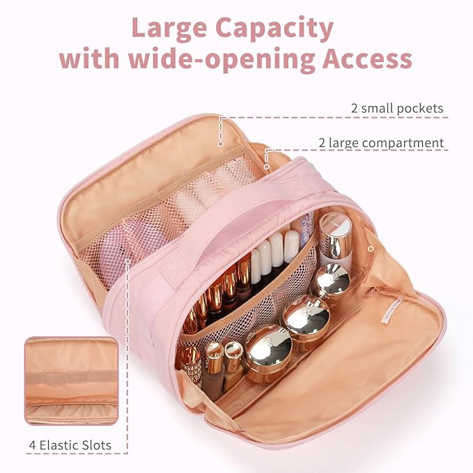 OCHEAL Travel Makeup Bag - Wide Open Cosmetic Bag for Women Make up with Two Compartments, Portable Lightweight Roomy Organizer Toiletry Bag for Girls Skincare tools Accessories-Pink