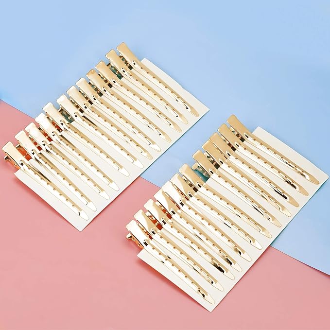 24 Packs Duck Bill Clips, Bantoye 3.35 Inches Rustproof Metal Alligator Curl Clips with Holes for Hair Styling, Hair Coloring, Gold