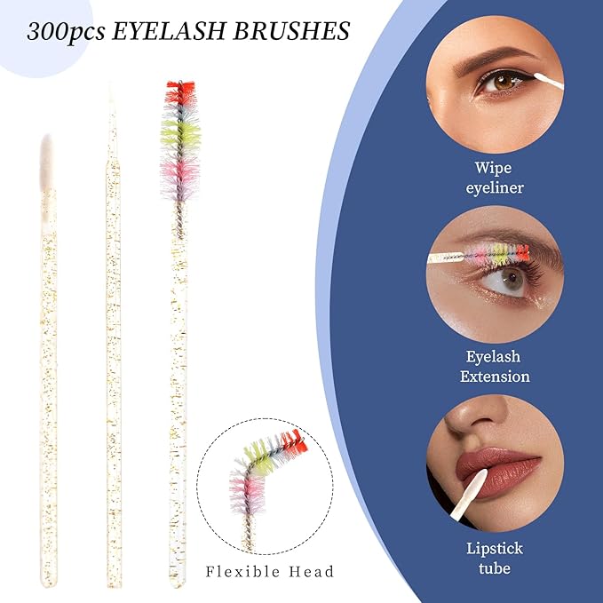 300 PCS Eyelash Extension Supplies Kit, Disposable Micro Swab,Crystal Eyebrow Spoolie Lash Brush, Lip Gloss Brush, Mascara Wand Applicator(colorful+gold)