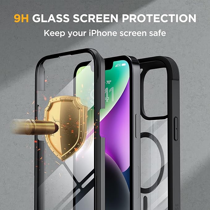Miracase Glass Series Designed for iPhone 14 Plus Case 6.7 inch, 2023 Upgrade Full-Body Magnetic Clear Case with Built-in 9H Tempered Glass Screen Protector,Compatible with MagSafe,Black