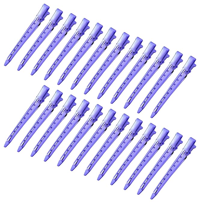 24 Packs Duck Bill Clips, Bantoye 3.35 Inches Rustproof Metal Alligator Curl Clips with Holes for Hair Styling, Hair Coloring, Bright Purple