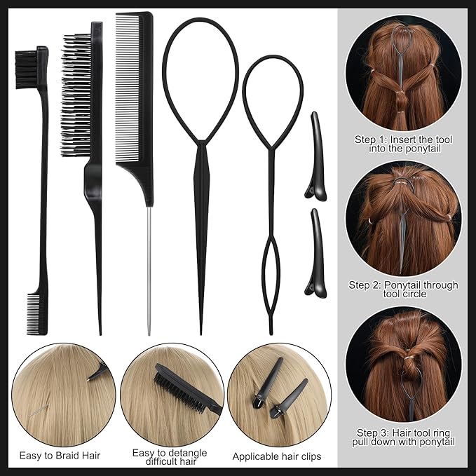 1000pcs Hair Rubber Bands Elastic Hair Ties with Hair Wax Stick, Slick Back Hair Brush,Rat Tail Comb for Women, Men and All,Curly Hair,Straight Hair