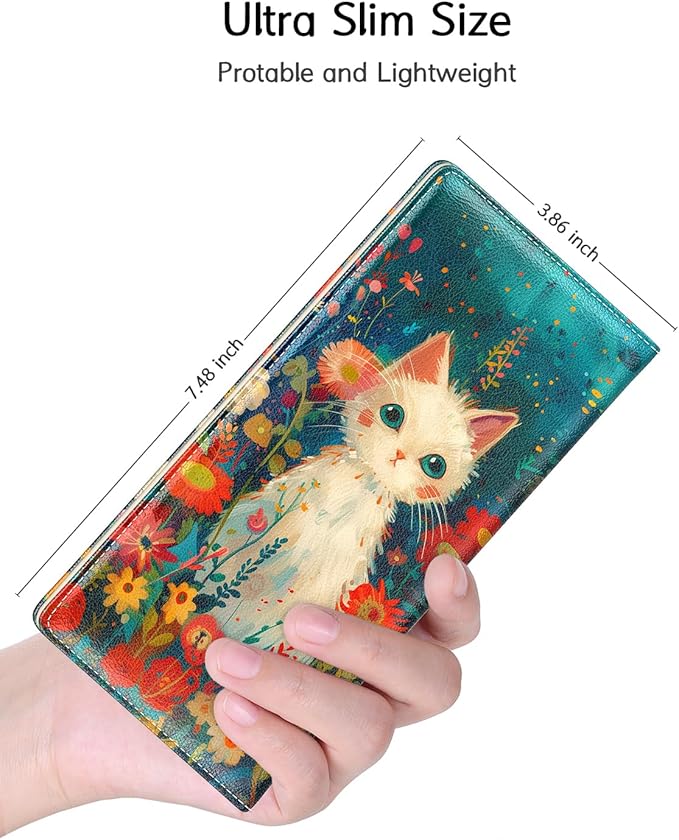 Nipichsha Womens Wallet, RFID Slim Wallets for Women, Thin Ladies Credit Card Holder Purse, Cute Leather Bifold Clutch Billfold with 11 Card Slots & ID Window, Flowers Cat