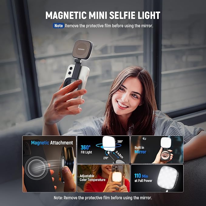 NEEWER BASICS Magnetic Selfie Light Compatible with MagSafe iPhone,CRI95 700lx/0.3m Folding LED Phone Fill Ring Lighting with Mirror for Zoom Makeup Photography Recording Video Conference, Black NL48B
