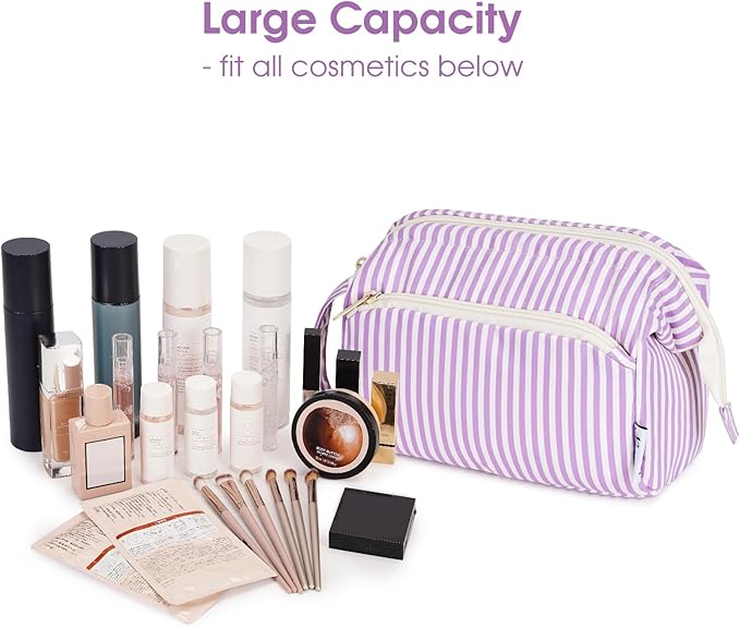 Narwey Striped Makeup Bag Women Wide-open Make up Bag Travel Cosmetic Bag Organizer Toiletry Bag for Cosmetics Toiletries Accessories (Purple Stripe)