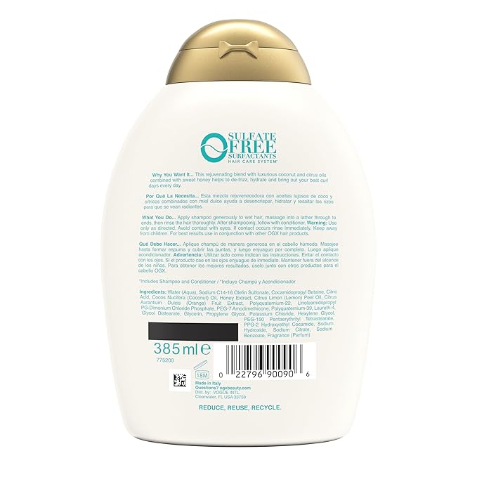 OGX Quenching + Coconut, Curl-Defining Shampoo, Hydrating & Nourishing Curly Hair Shampoo with Coconut Oil, Citrus Oil & Honey, Paraben, Sulfate-Free Surfactants, 13 floz (Pack of 2)