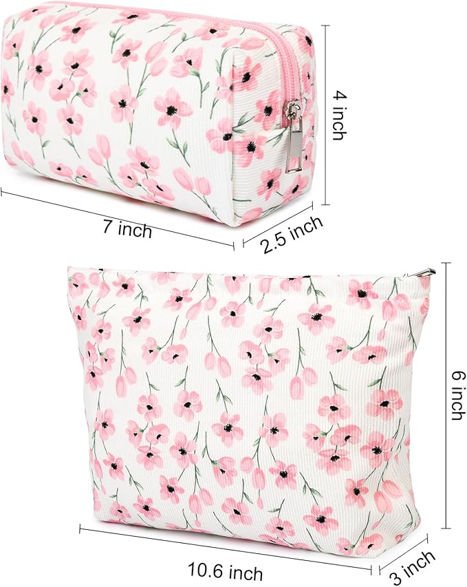 2 Pieces Flower Makeup Bag Large Floral Cosmetic Bag Capacity Canvas Mix Travel Toiletry Bag Organizer Cute Makeup Brushes Aesthetic Accessories Storage Bag for Women, Flower Mix Pink