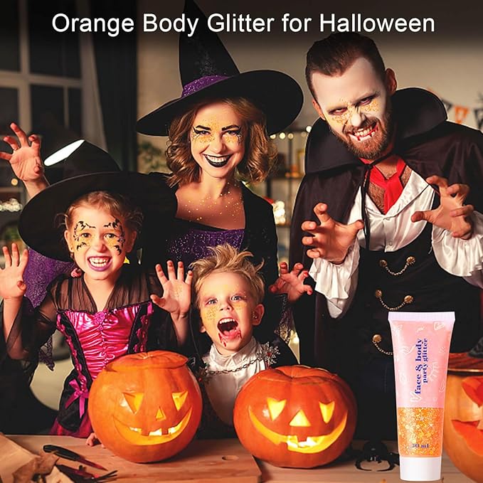 MEICOLY Orange Face Body Glitter,Sparkling Face Glitter Gel,Mermaid Sequins Face Paint Glitter Autumn Makeup,Eye Hair Chunky Festival Rave Accessories Makeup,Party Body Glitter Gel for Women Kids,50ml