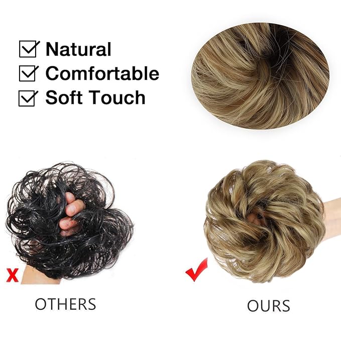 MORICA 1PCS Messy Hair Bun Hair Scrunchies Extension Curly Wavy Messy Bun Hair Synthetic Chignon Hairpieces for Women(Ash Blonde & Lightest Blonde)