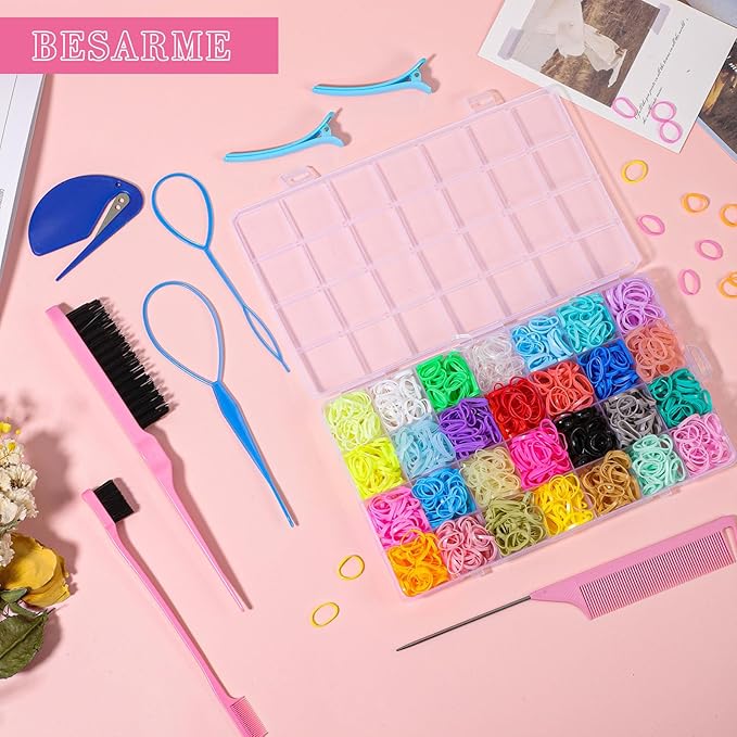 28 Colors Rubber Bands with 8 Hair Styling Tools, 1500 Pcs Colorful Elastic Ties Small Rubber Bands Baby Toddler Ties for Girls Hair Accessories Christmas Gifts