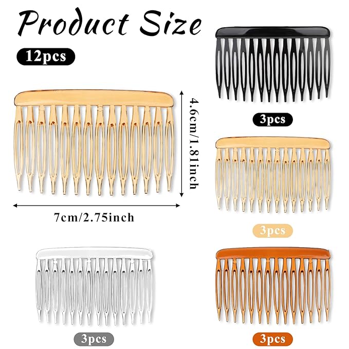 12 Pcs Side Combs French Twist 14 Teeth Decorative Hair Accessories Vintage Style Clips Pins Plastic Fine Styling Comb for Women Bridal Long Curly Hair