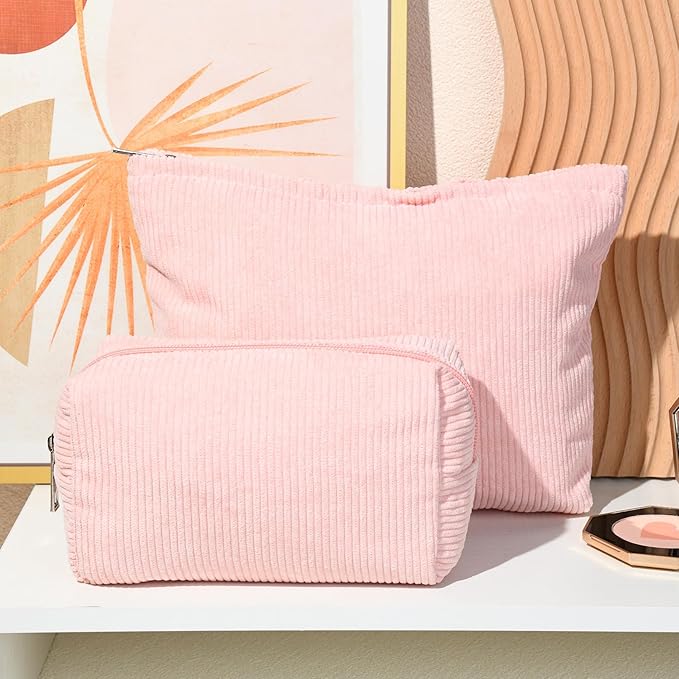 2 Pieces Makeup Bag Large Corduroy Cosmetic Bag Capacity Canvas Mix Travel Toiletry Bag Organizer Cute Makeup Brushes Aesthetic Accessories Storage Bag for Women, Corduroy Mix Pink