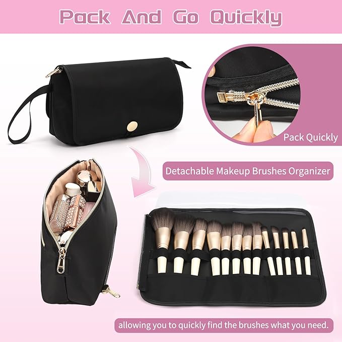 OCHEAL Makeup Brush Holder and Makeup Bag 2 in 1,Makeup Pouch with Brush Organizer,Travel Makeup Brushes Bag Cosmetic Bags for Women Portable Roll-up Makeup Case -Black