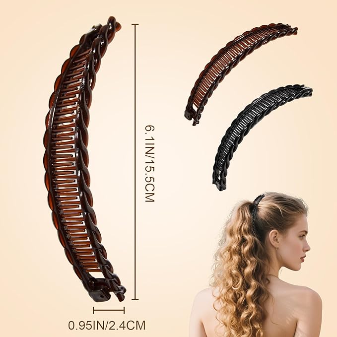 2Pcs Banana Hair Clips for Thick Curly Hair - Black and Brown Tortoise Clips, Vintage Clincher Combs for Women, Girls - Non-Slip Fish Grip Slides, 80s Retro Hair Accessories