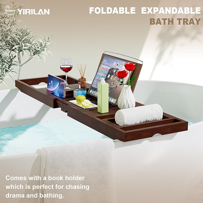 Yirilan Bamboo Bathtub Tray Caddy, 1 or 2 Person Expandable Wooden Bathroom Tray, Luxury Bamboo Bathtub Tray Expandable, Bath Tub Table Caddy with Extending, Brown