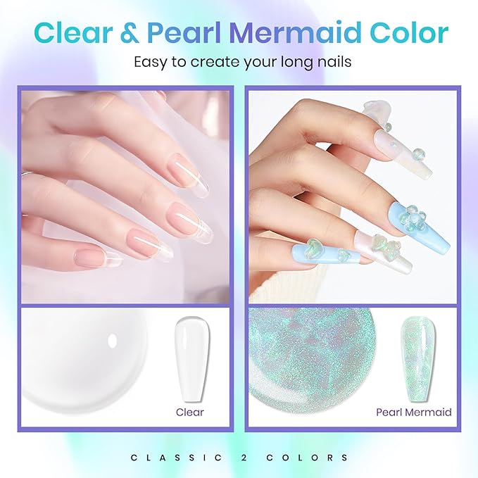MIZHSE Solid Builder Gel for Nails – 2PCS 1oz Mermaid Pearl & Clear Hard Gel Kit with Nail Forms 3D Silicone Mold Soak-off U V 3D for Nails Extension for Salon Manicure Home DIY