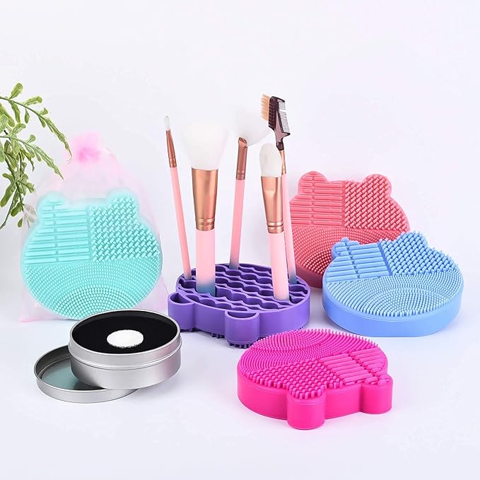 Silicon Makeup Brush Cleaner Mat with Brush Drying manual Make up brush cleaner cleanser machine Cosmetic Brush Cleaning Pad+Makeup Brush Dry Cleaned Quick Color Removal Sponge Scrubber Tool(Rose Red)