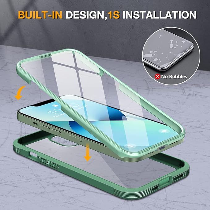 Miracase Compatible with iPhone 13 Mini case 5.4 inch, 2023 Upgrade Full-Body Glass Clear Case Bumper Case with Built-in 9H Tempered Glass Screen Protector for iPhone 13 Mini, Acacia Green