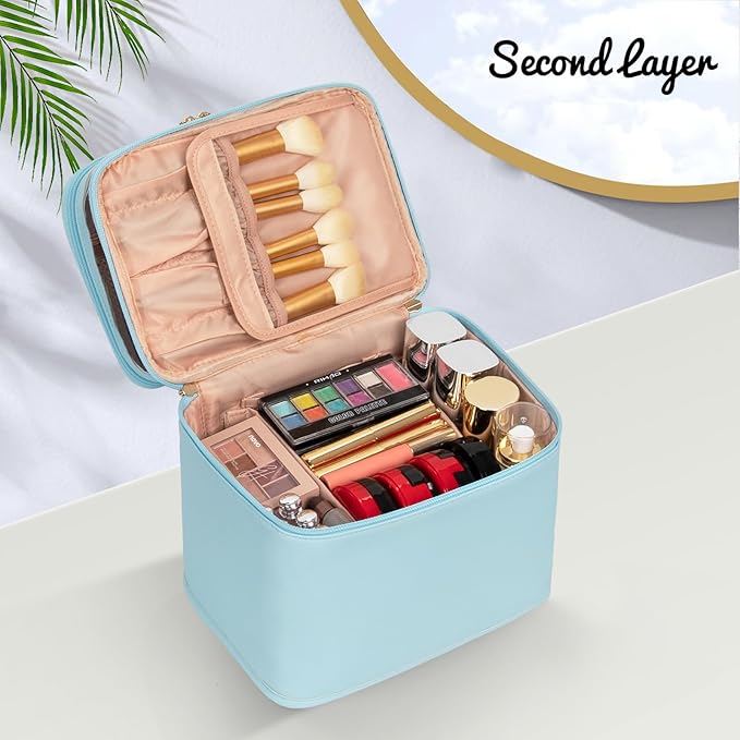 OCHEAL Large Makeup Bag, Double Layer Makeup Bag, Vertical Storage Cosmetic Case for Women/Girls with Multiple Compartments-Blue-xl