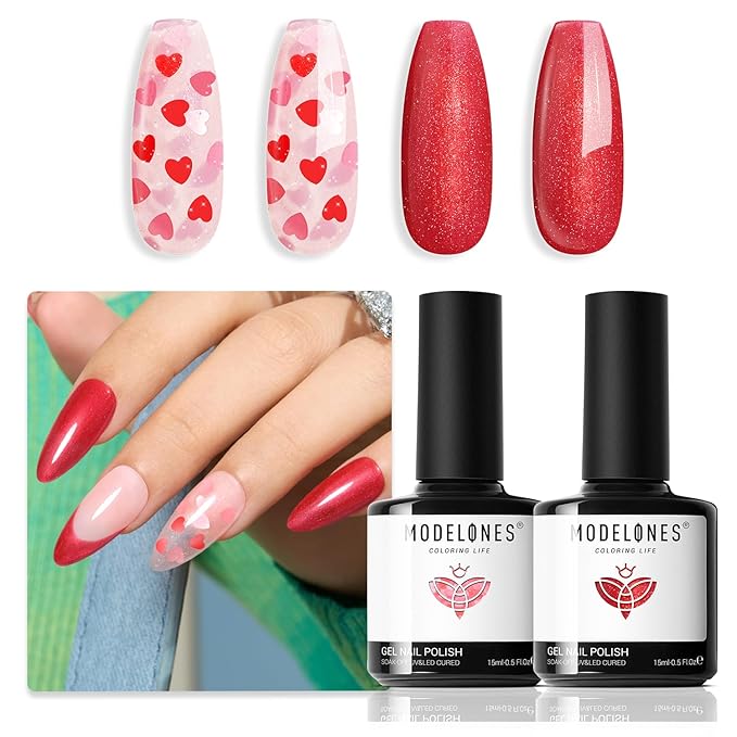 modelones Gel Nail Polish Set 2 Pcs 15 ML Pink Red Gel Polish Hot Pink Red Love-heart Glitter Gel Polish White Shimmer Pink Tones Spring Soak Off LED Nail Art DIY Gift For Women Girl